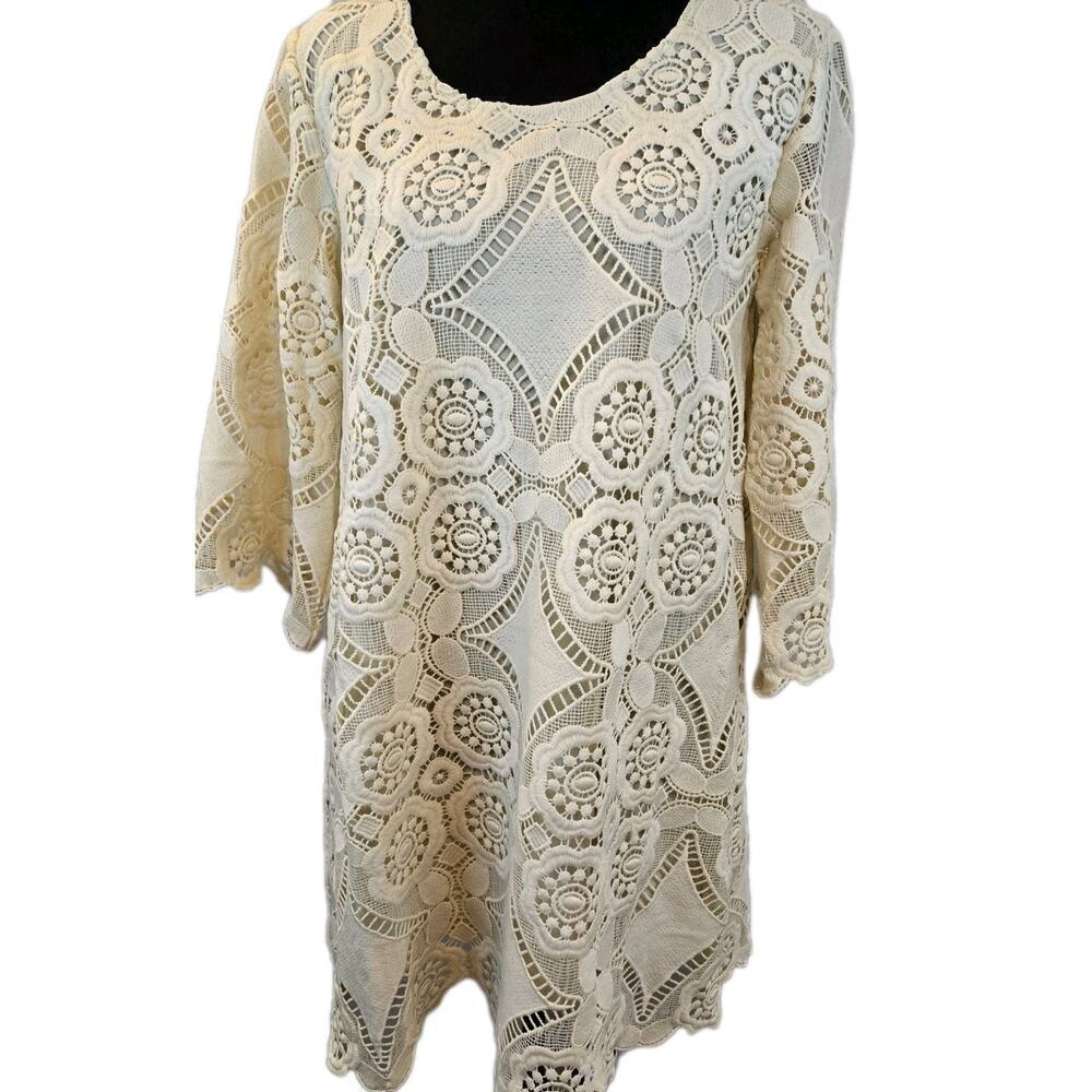 Pretty Angel Crochet Mini Dress Lined Linen Poly Boho Cottage COQUETTE Small NEW
